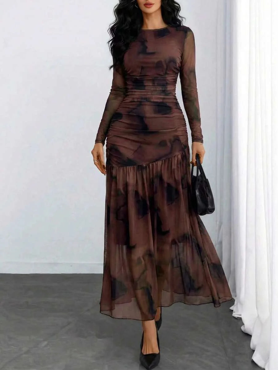 Women's Gothic Sexy Elegant Modern Contrast Stripe Asymmetrical Ruffle Waist Double-Layer Mesh Long Sleeve Dress, Suitable For Dates, Vacations And Daily Commute Spring