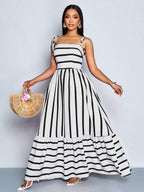 Women's Blue And White Stripe Flowing Maxi Dress,Summer Elegant Holiday Tea Party Holiday,Shoulder Straps Chest Gathering,Beach Casual Gown