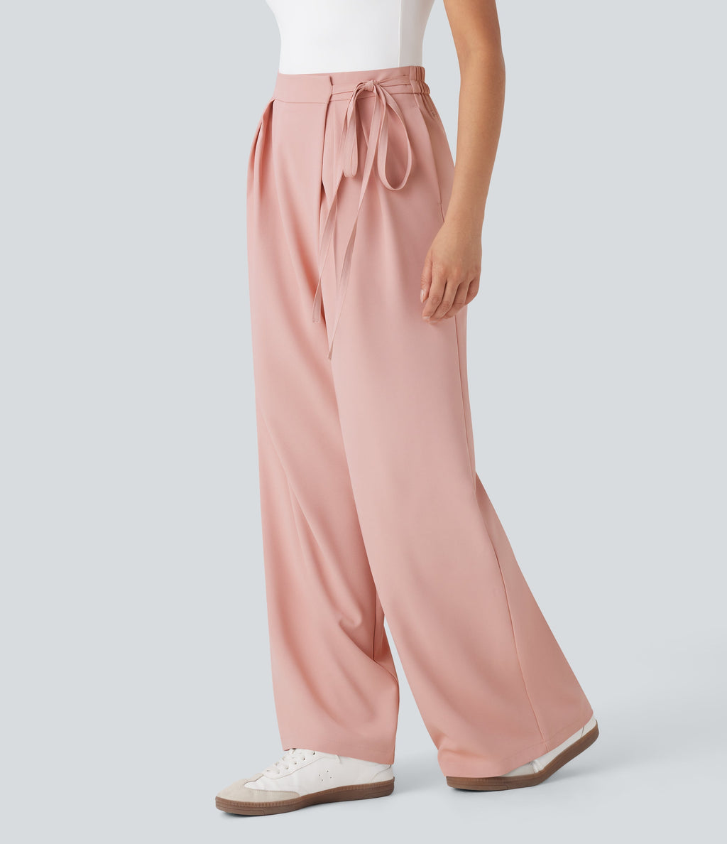High Waisted Tie Side Wide Leg Work Pants with Pockets