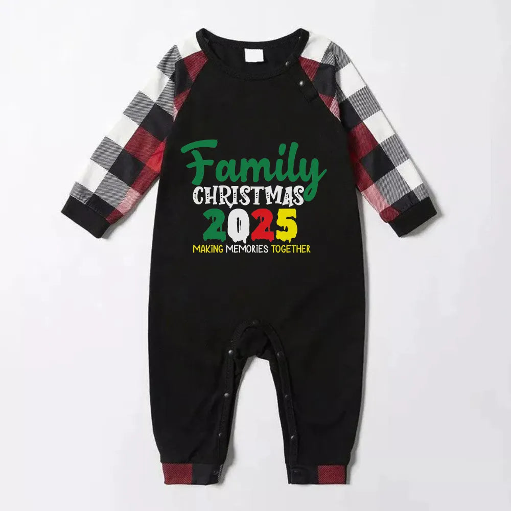 Christmas Family Matching Pajamas-Red and Gray Plaid Pjs set with "Family Christmas 2025" Colorful Print
