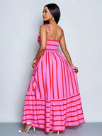 Women's Blue And White Stripe Flowing Maxi Dress,Summer Elegant Holiday Tea Party Holiday,Shoulder Straps Chest Gathering,Beach Casual Gown