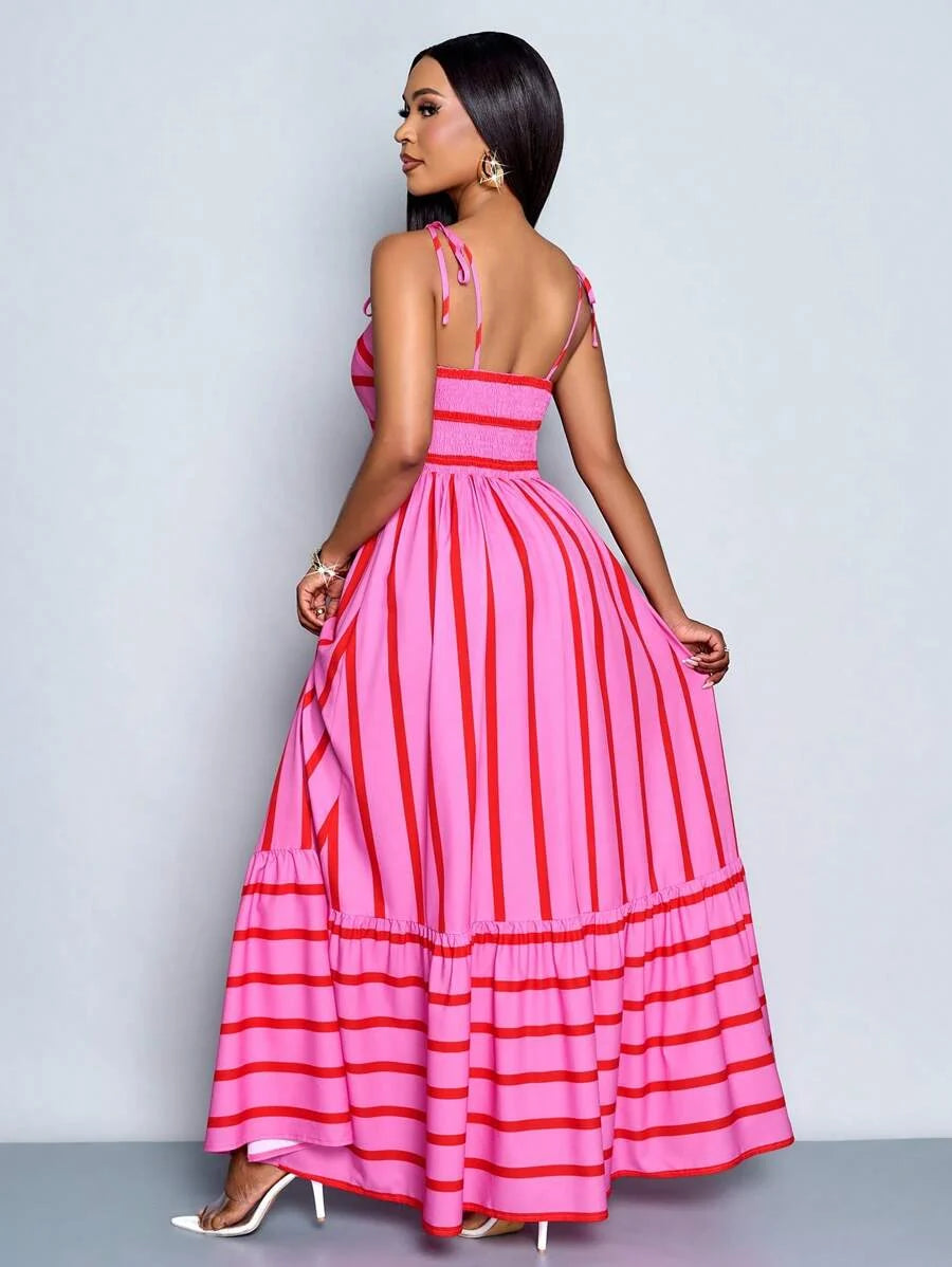 Women's Blue And White Stripe Flowing Maxi Dress,Summer Elegant Holiday Tea Party Holiday,Shoulder Straps Chest Gathering,Beach Casual Gown