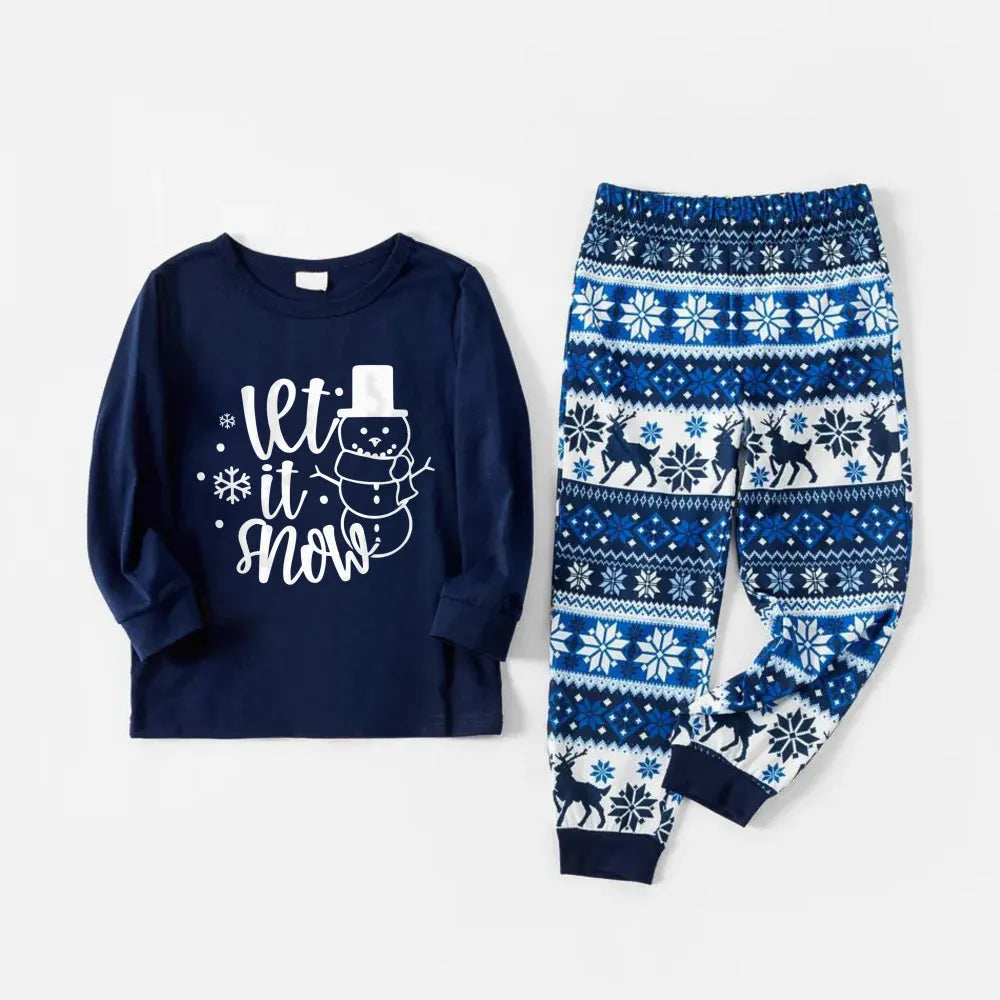Joyful Blue Christmas Pajamas Set with Snowman and Slogan Designs