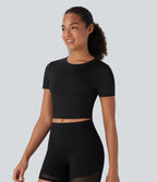 Round Neck Short Sleeve Contrast Mesh Cropped Yoga Sports Top