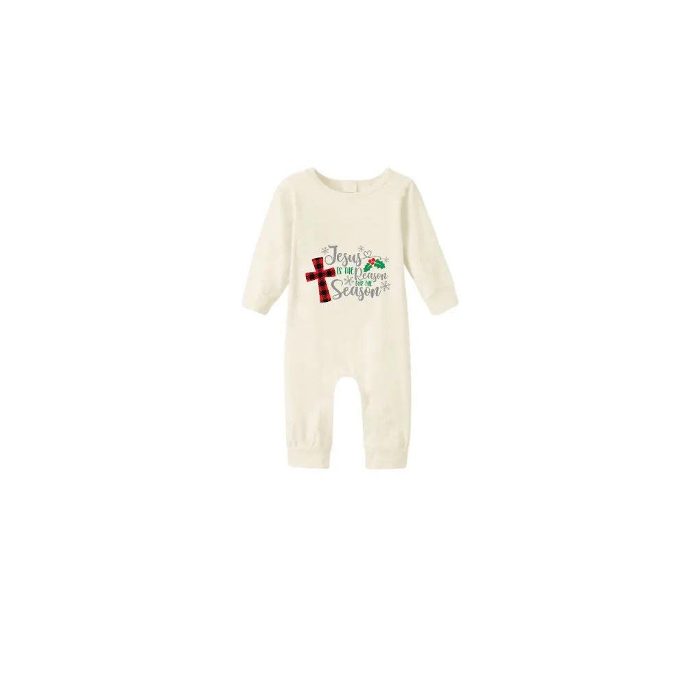 Beige Christmas Pattern Print Christmas Pajamas Set With Jesus Text Print
