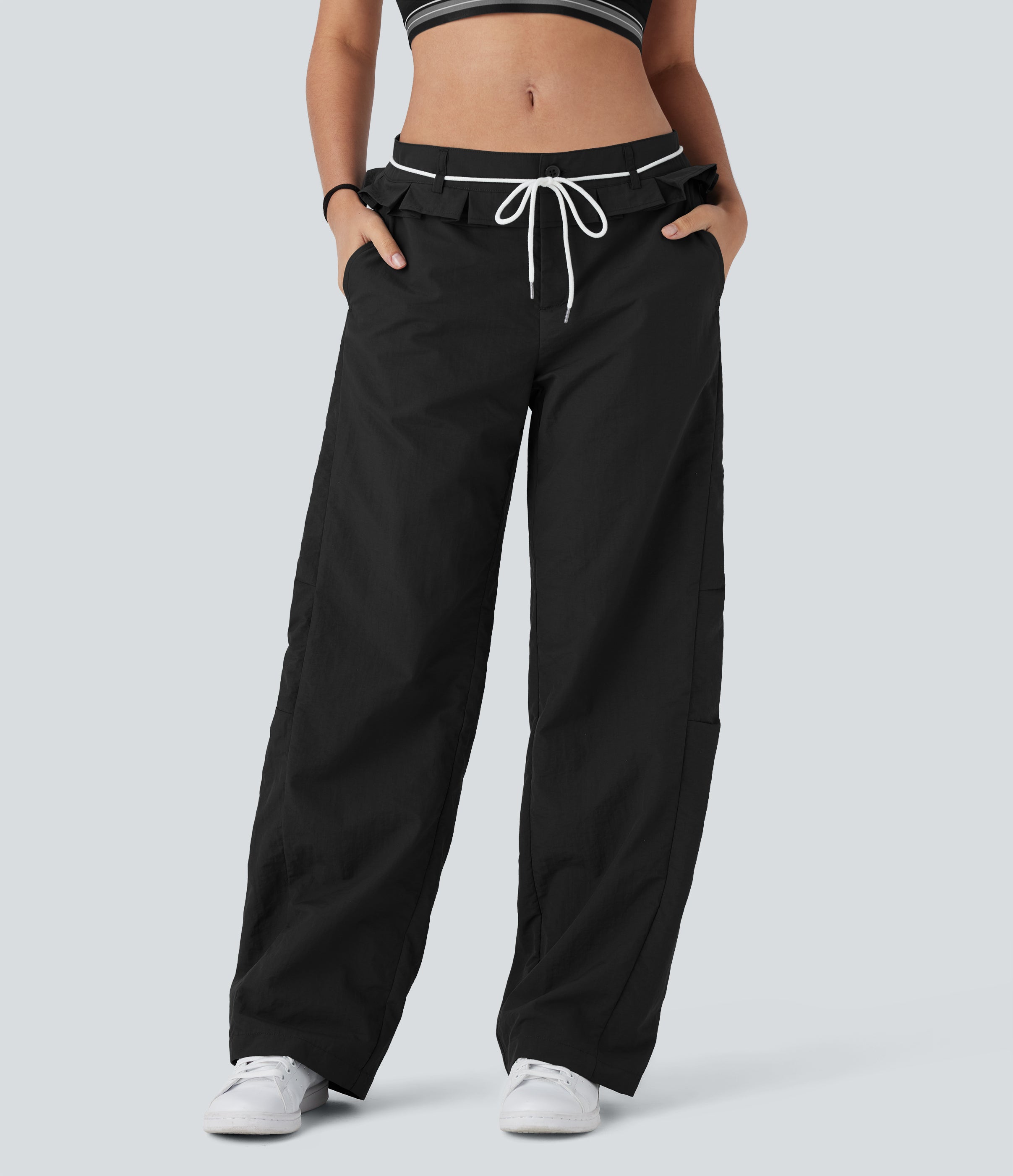 Low Rise Drawstring Ruffle Trim Dance Barrel Leg Pants with Pockets