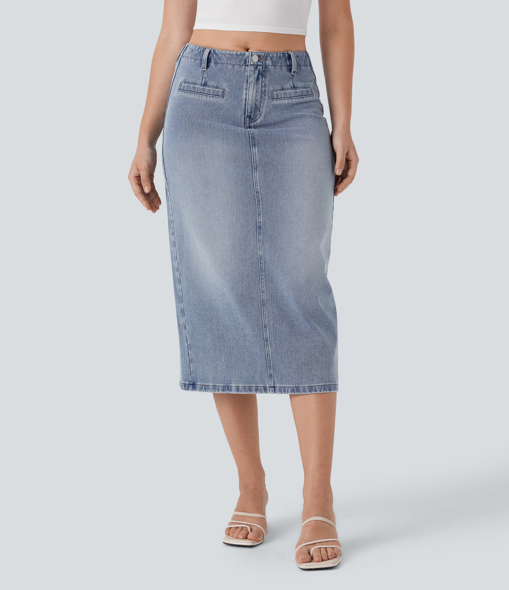 FlexTM Mid Rise Back Midi Washed Denim Casual Straight Skirt with Pockets