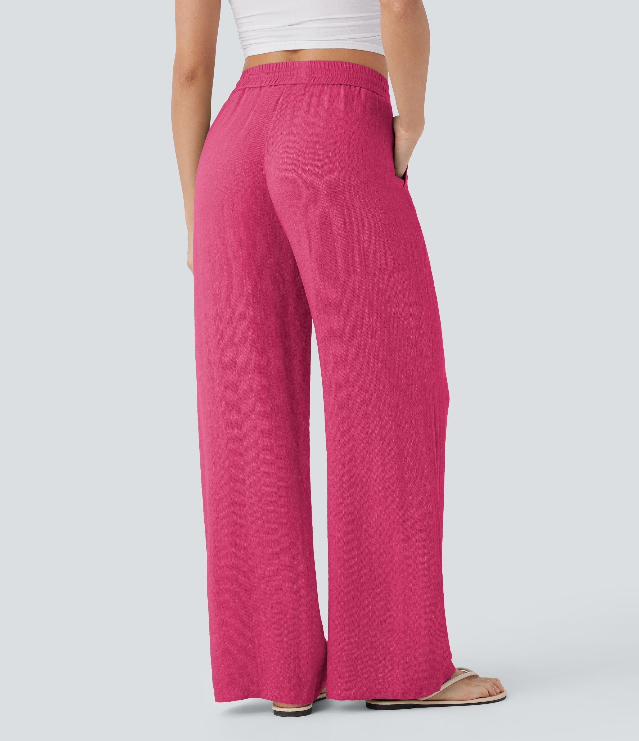 2026🔥 High Waisted Drawstring Pocket Wide Leg Casual Linen-Feel Pants