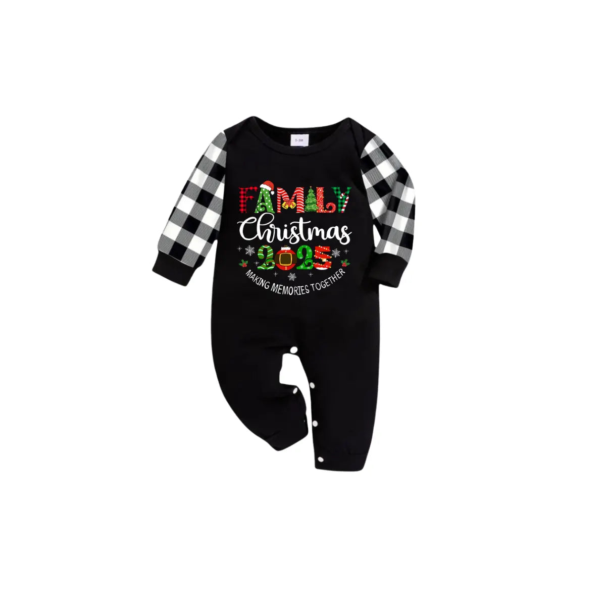Making Memories Together Family Christmas 2025 Pajamas Set - Black Top Black and White Plaid Pants Colorful Christmas Graphic