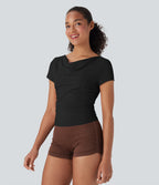 Cowl Neck Short Sleeve Ruched Yoga Top