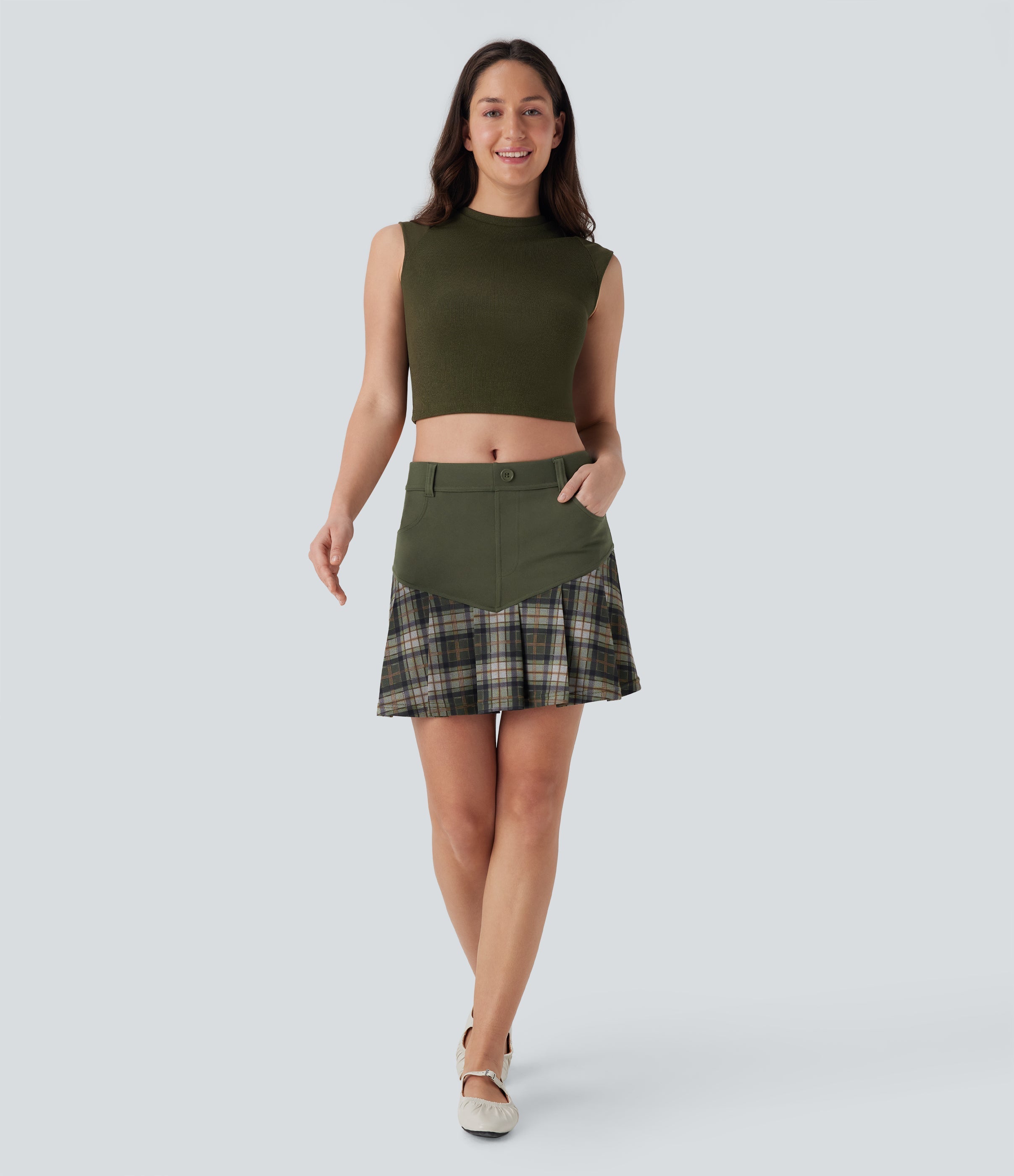 Mid Rise 2-in-1 Contrast Plaid Pleated Mini Casual Skirt with Pockets
