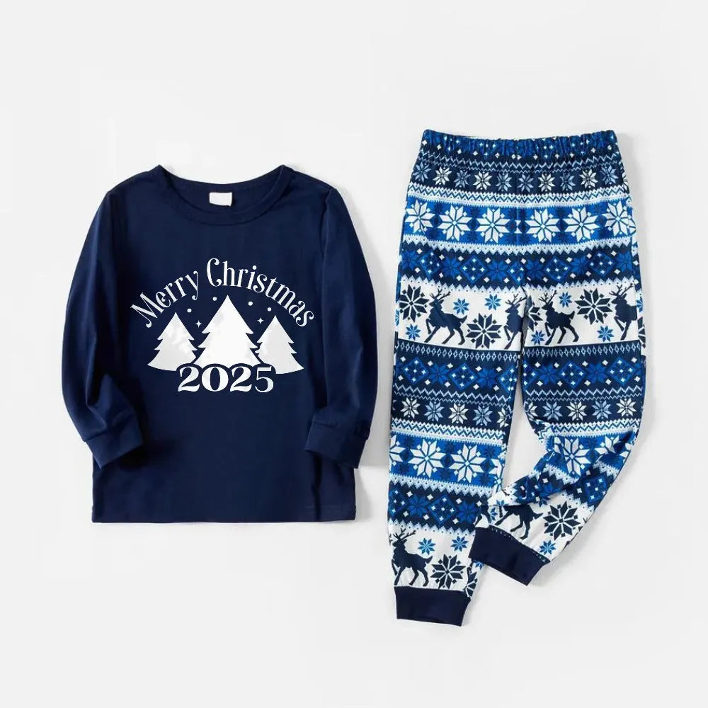 Joyful Blue Christmas Pajamas Set with Christmas Tree and Slogan Designs