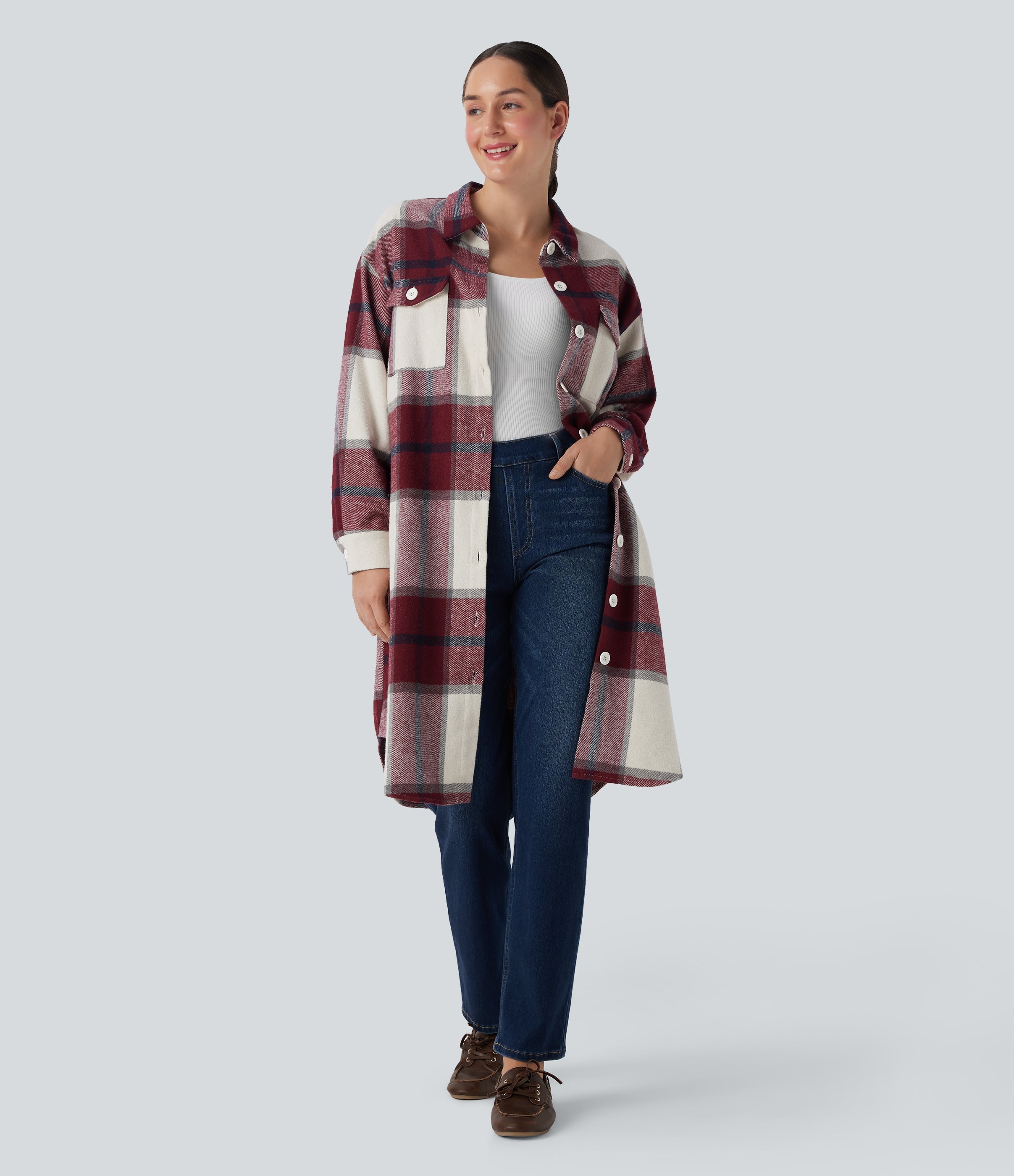 Plaid Curved Hem Longline Casual Jacket with Pockets