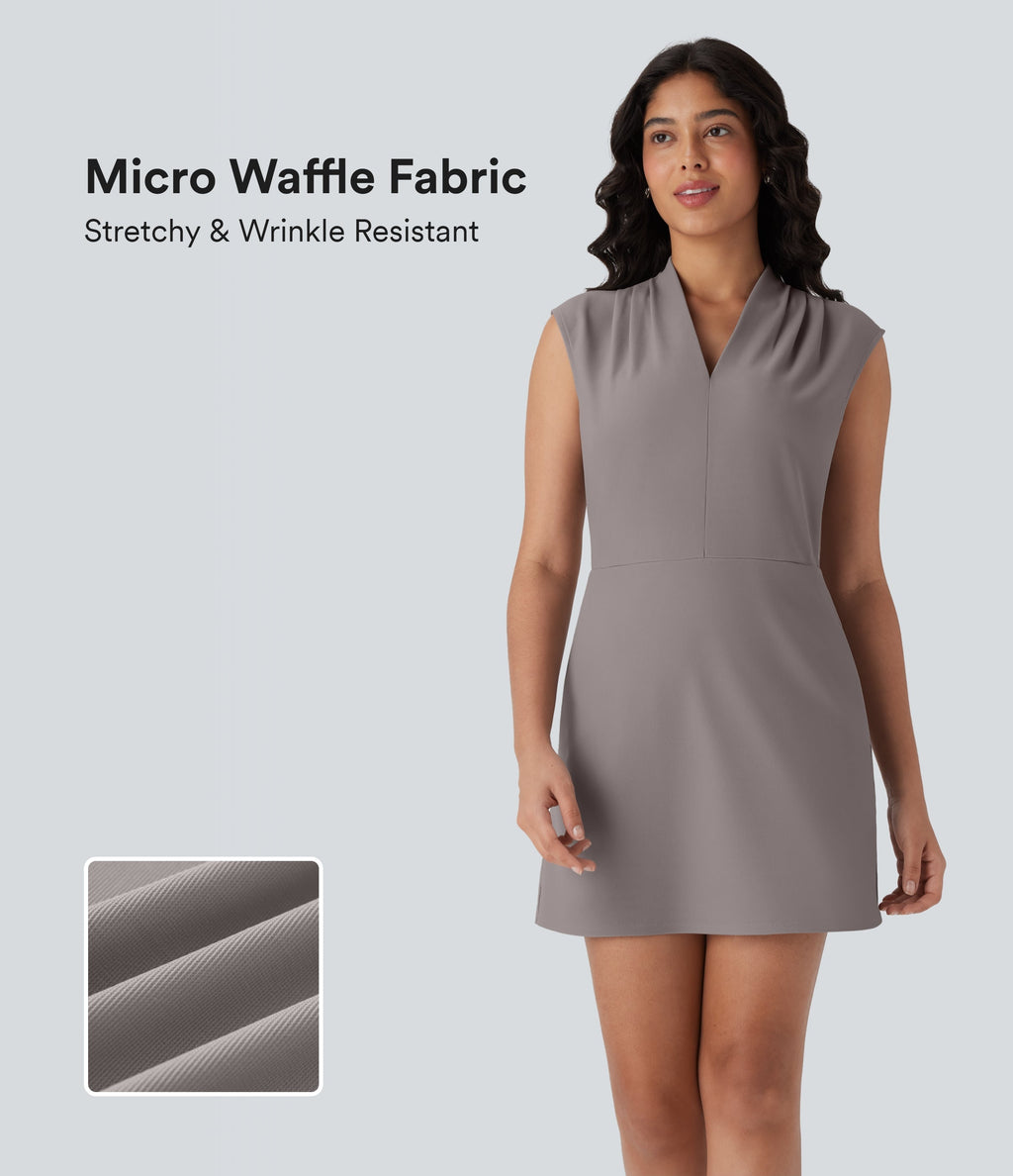 FlexTM V Neck Pleated Sleeveless Mini Micro Waffle Work Dress with Pockets
