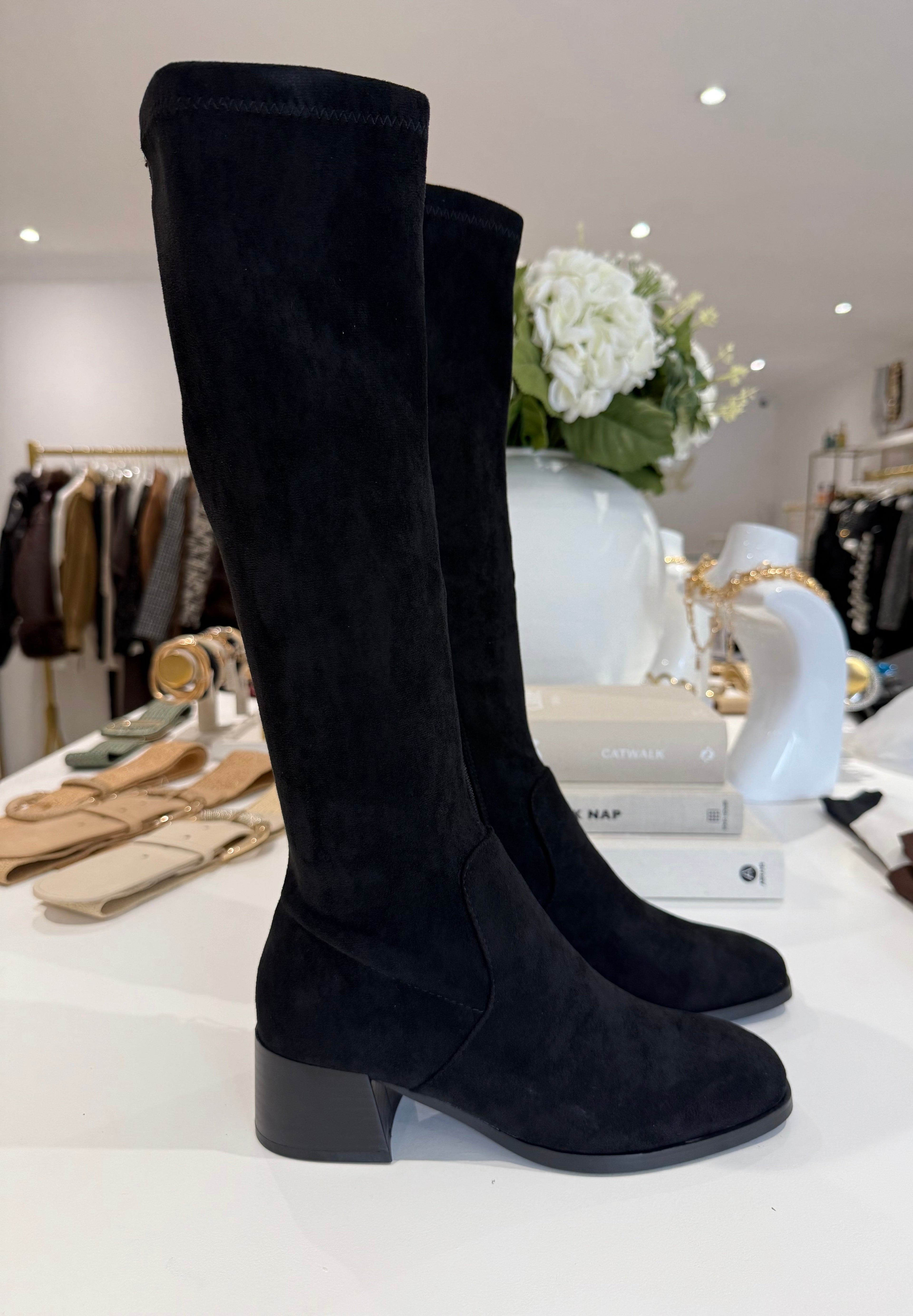 Faux Suede Knee Length Block Heel Boot (3 Colours)
