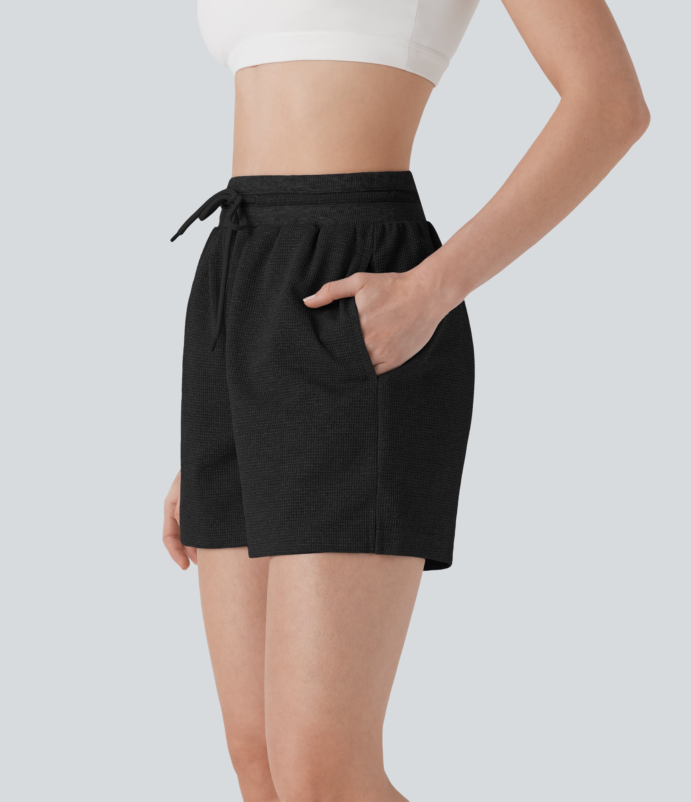 High Waisted Drawstring Waffle Yoga Shorts with Pockets