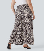 Plus Size High Waisted Drawstring Leopard Print Wide Leg Casual Pants with Pockets