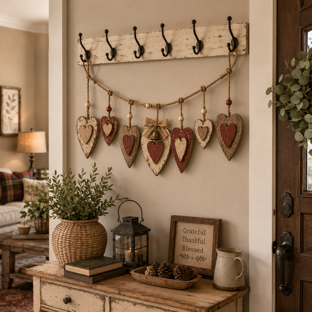 Rustic Vintage Wooden Heart Garland – 39.4″ Farmhouse Mantel & Wall Hanging Decor