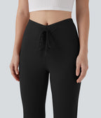 V Shaped Mid Rise Drawstring Flowy Casual Flare Pants