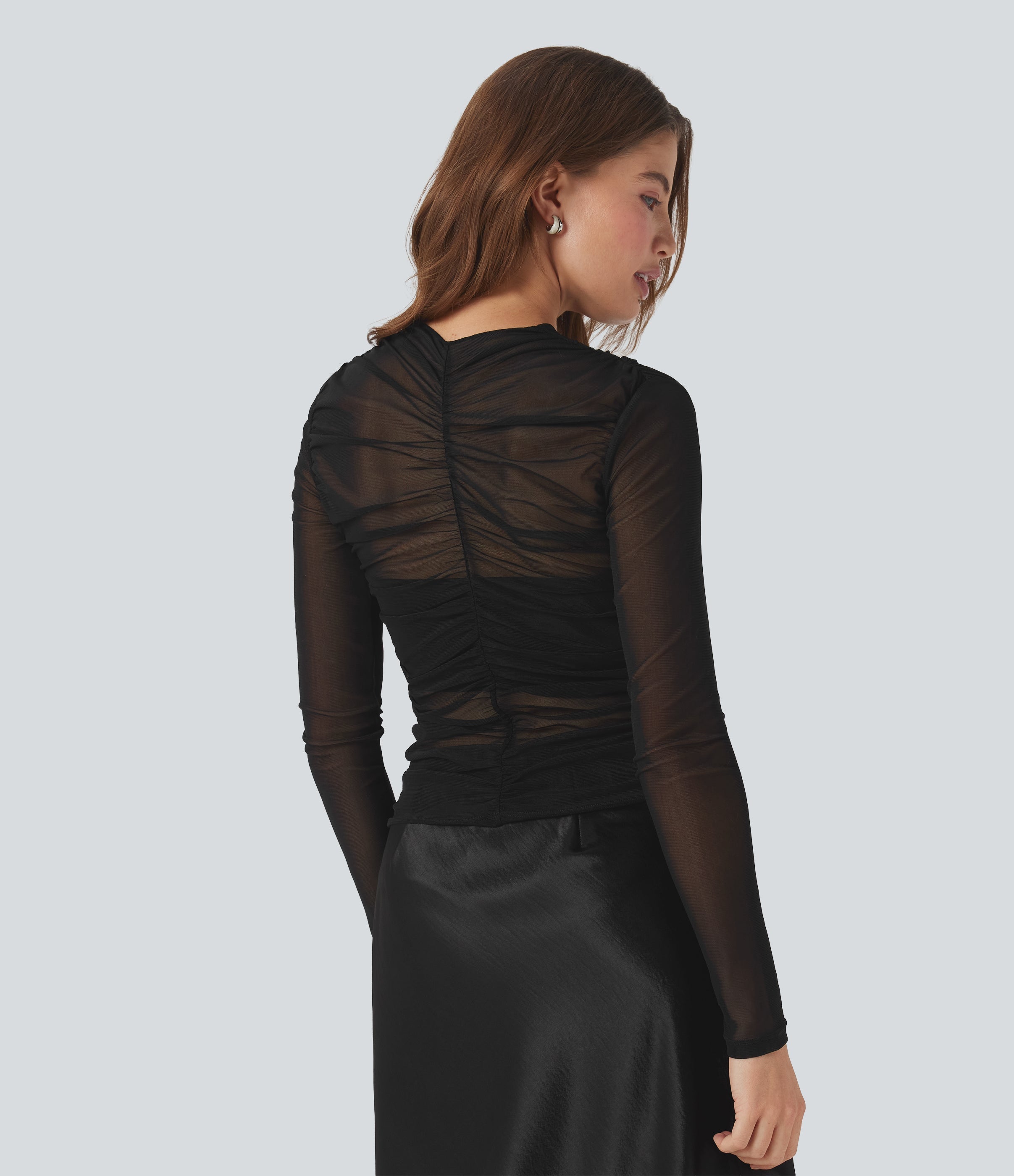 Sheer Mesh Crossover V Neck Ruched Casual Top