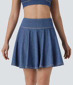 FlexTM High Waisted 2-in-1 Cool Touch Washed Stretchy Knit Denim Mini Tennis Skirt with Pockets