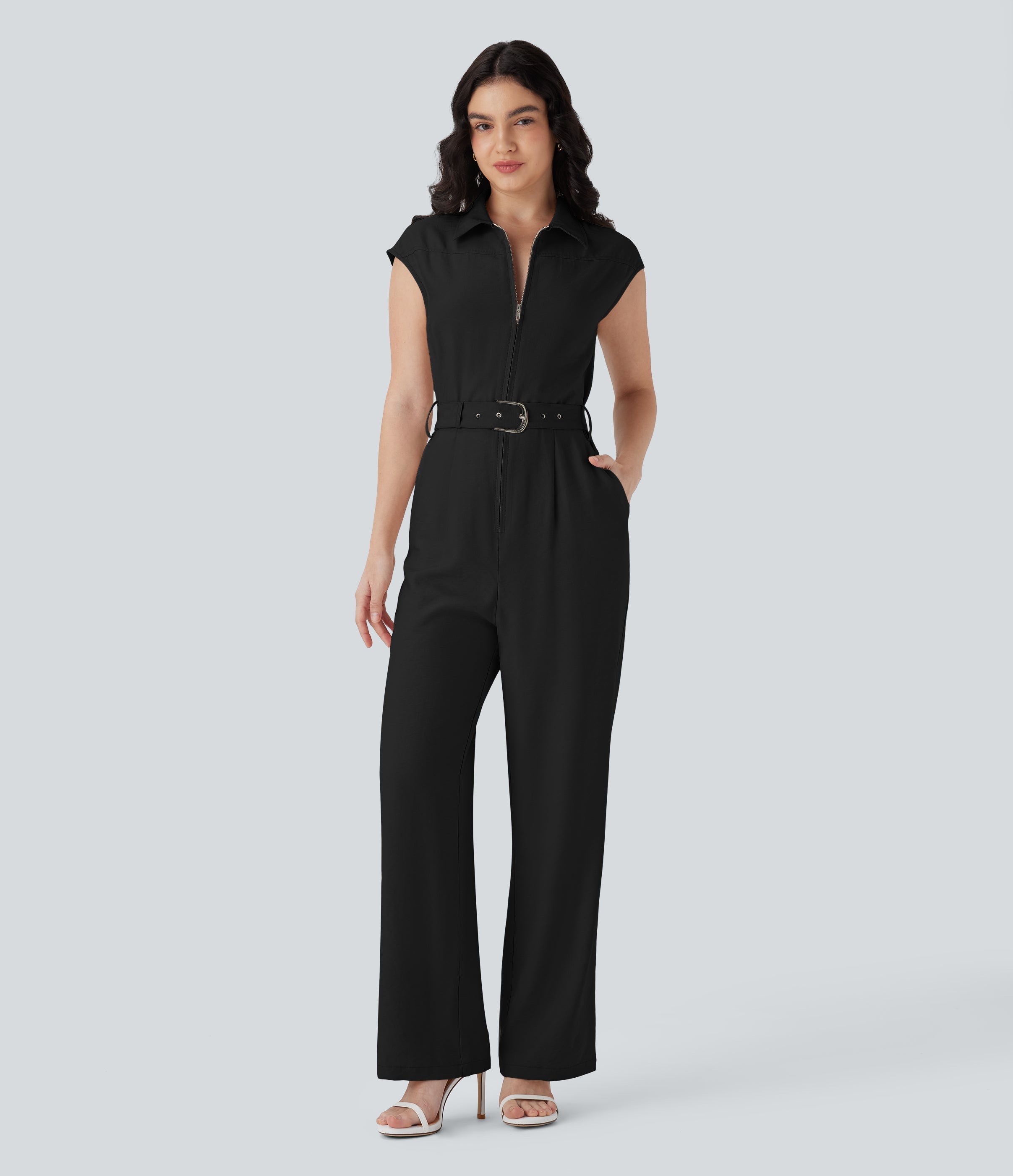 Half Zipper Cap Sleeve Straight Leg Belted Work Linen-Feel Jumpsuit with Pockets