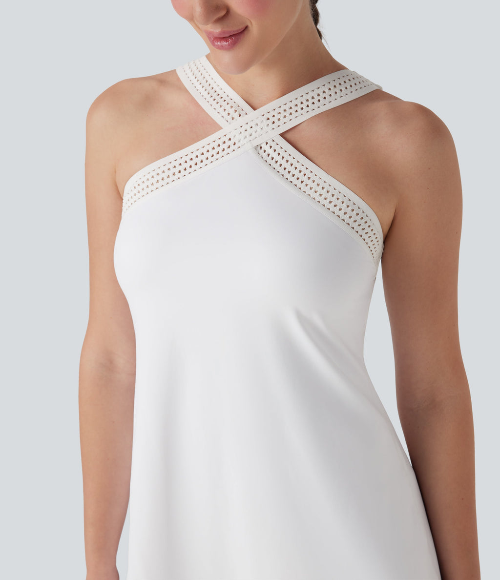 SoftlyzeroTM Airy Halter Cut Out Backless 2-in-1 Cool Touch Mini Yoga Active Dress with Side Pockets-Easy Peezy Edition-UPF50+
