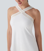 SoftlyzeroTM Airy Halter Cut Out Backless 2-in-1 Cool Touch Mini Yoga Active Dress with Side Pockets-Easy Peezy Edition-UPF50+