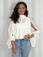 High Neck Tie Back Floaty Open Sleeve Top (3 Colours)