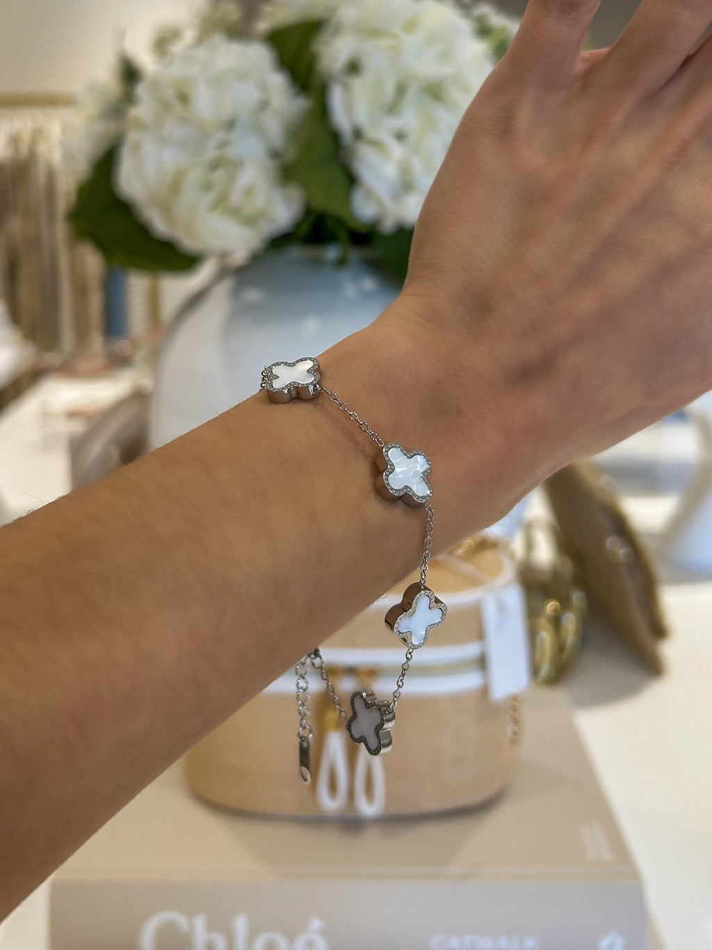 Reversible Pink/White 5 Leaf Clover Multi Bracelet