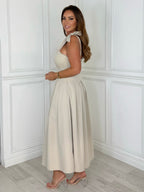 Riviera - Lace Tie-Shoulder Midi Dress (Beige)