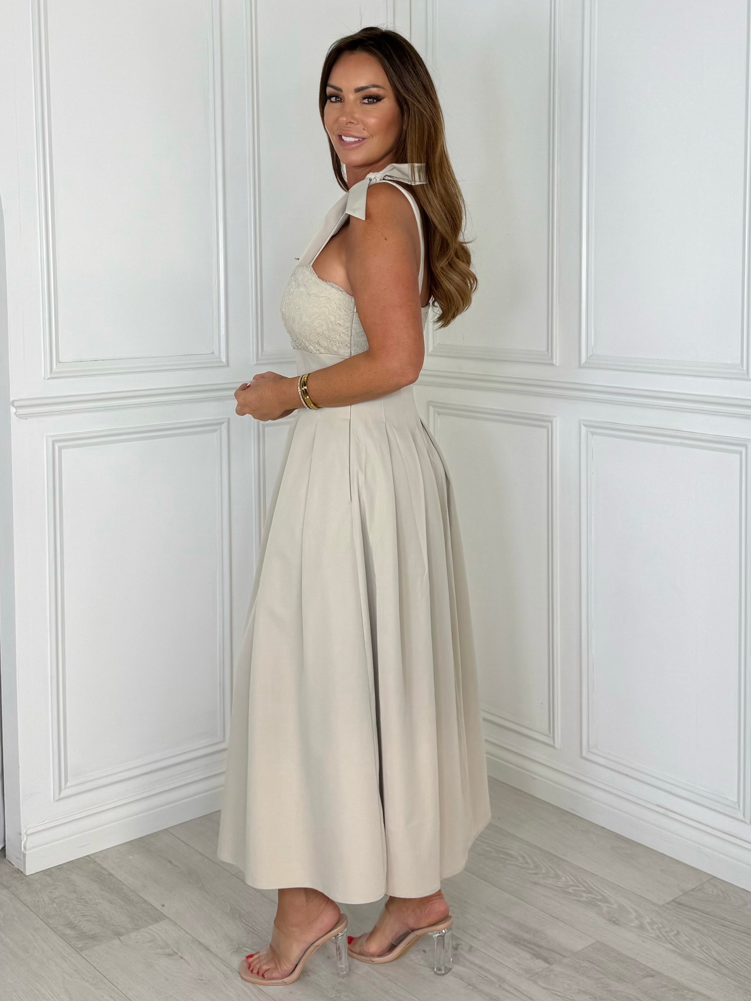 Riviera - Lace Tie-Shoulder Midi Dress (Beige)
