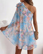 CHICME Women's Floral Print One-Shoulder Chiffon Dress 3D Floral Decor Split Sleeve Loose A-Line Mini Dress