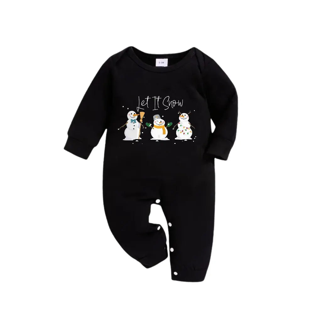 Christmas Family Matching Pajamas-Black Top and Green Plaid Pants Pjs Set with Snowman and "Let It Snow" Print