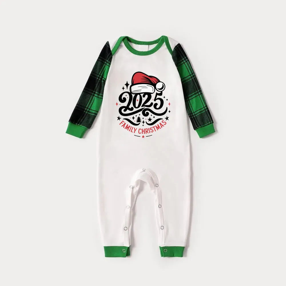 Green Raglan Top Green Plaid Christmas Pajamas Set With “2025 FAMILY CHRISTMAS” and Santa Hat Print
