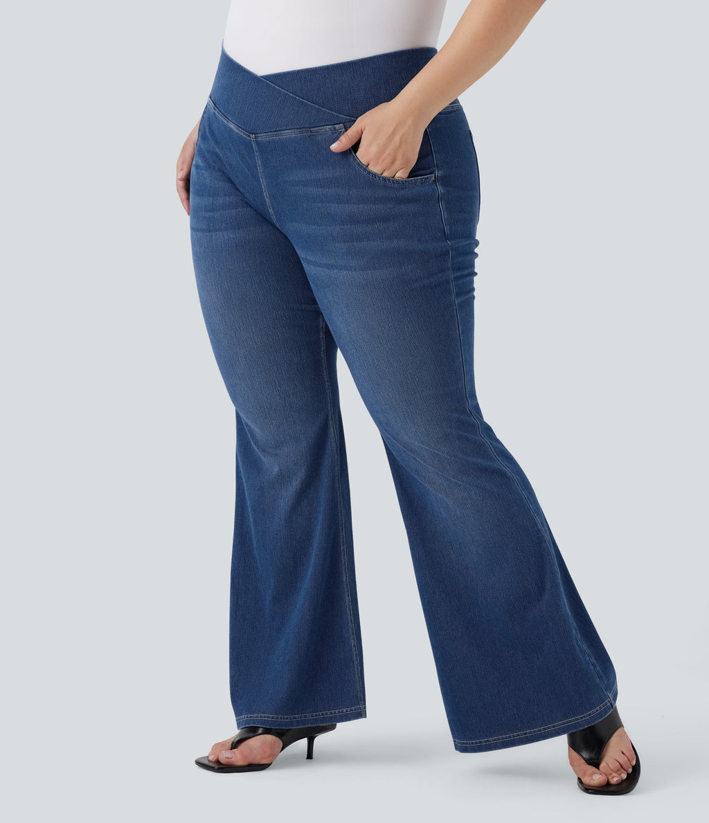 Plus Size FlexTM High Waisted Crossover Washed Casual Flare Jeans with Pockets