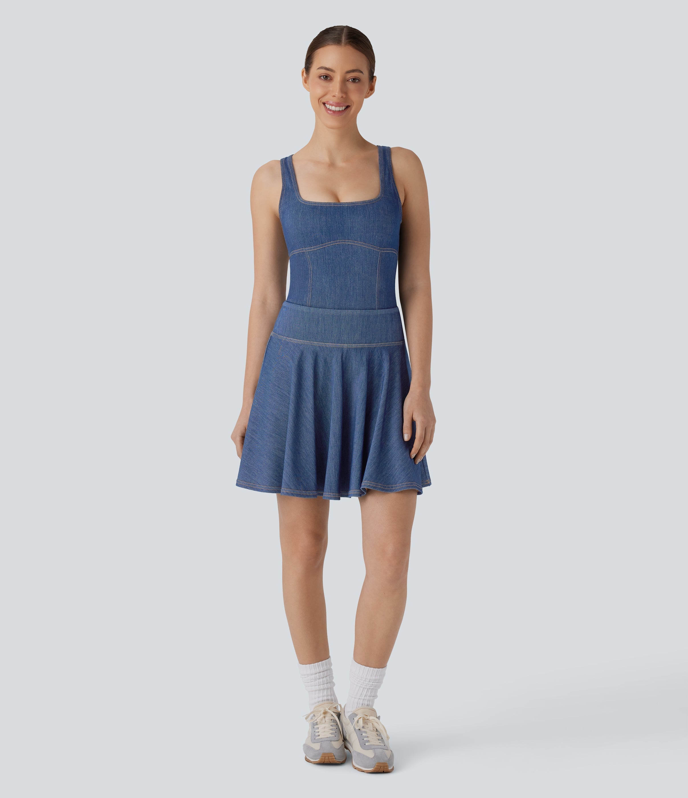 FlexTM Square Neck Racerback Cool Touch Washed Denim Tennis Bodysuit