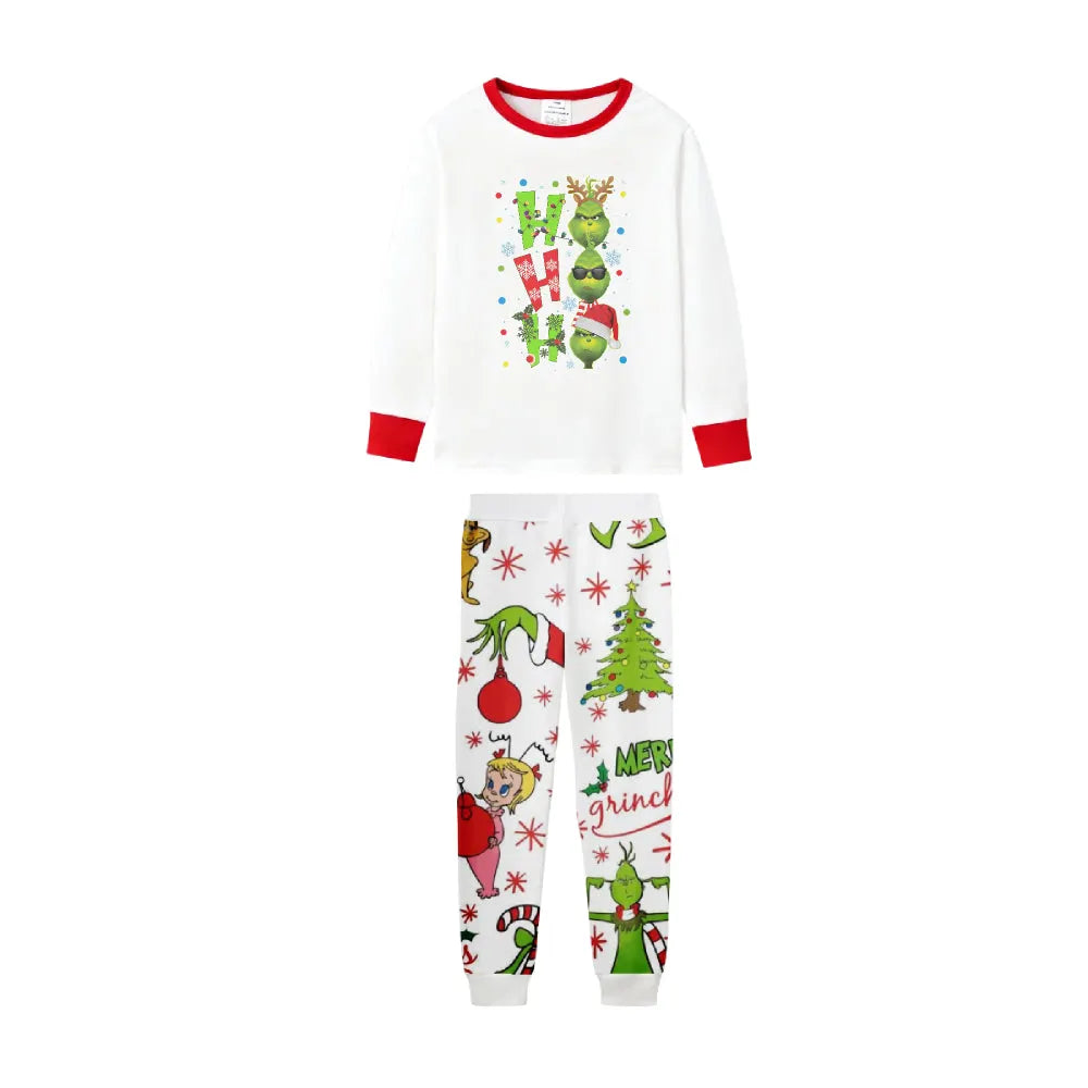 Family Christmas White Pajamas Set With "HO HO HO" & Cute Christmas Character Print