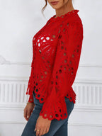 2026 Spring Summer New Women's Blouse, Sexy Asymmetrical Hollow Out Bell Sleeve, Breathable Lightweight Fabric Nightclub Top, Casual Fitted Long Sleeve Shirt, Button Blouse Shirts