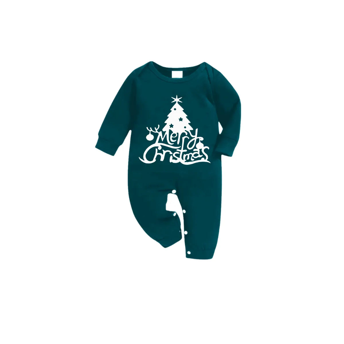Christmas Family Matching Pajamas-Dark Green&Deer Patterned Pjs Set with Christmas Tree and “Merry Christmas” Letter Print
