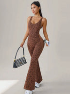 Women's Leopard Print Yoga Jumpsuit, Cross Strap Design, Long Sleeve Slim Fit, Casual Fashion for All Seasons, Comfortable Wear at Home