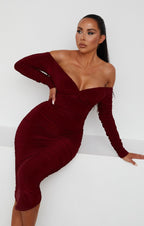 Ruched Bardot Long Sleeve Bodycon Mini Dress