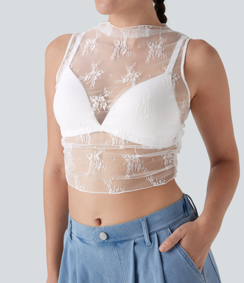Mock Neck Sleeveless Ruched Cropped Sheer Lace Casual Top