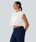 Round Neck Cap Sleeve Cut Out Casual Top