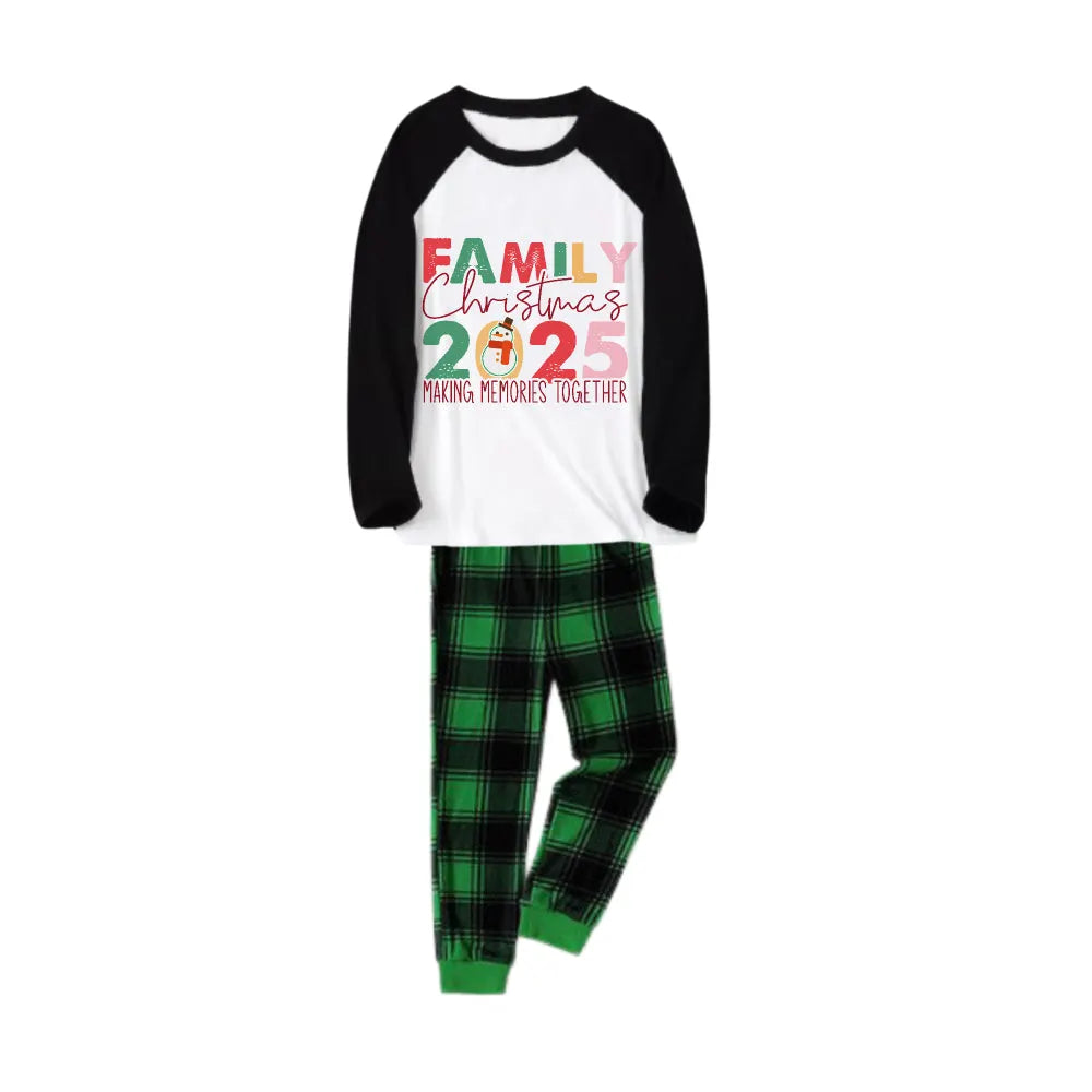 Black Raglan Top Green Plaid Christmas Pajamas Set With "Family Christmas 2025" Holiday Text Print