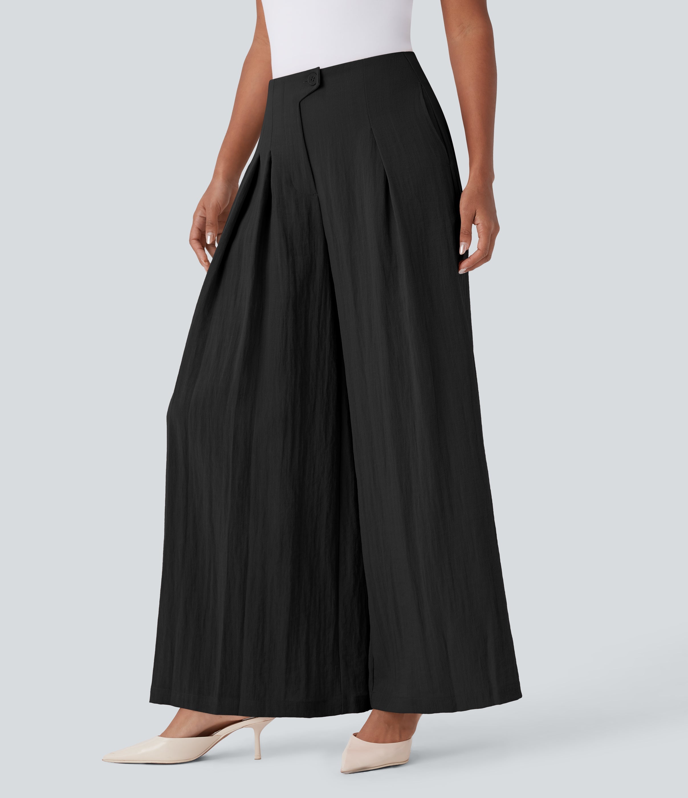 High Waisted Linen-Feel Work Wide Leg Pants with Pockets