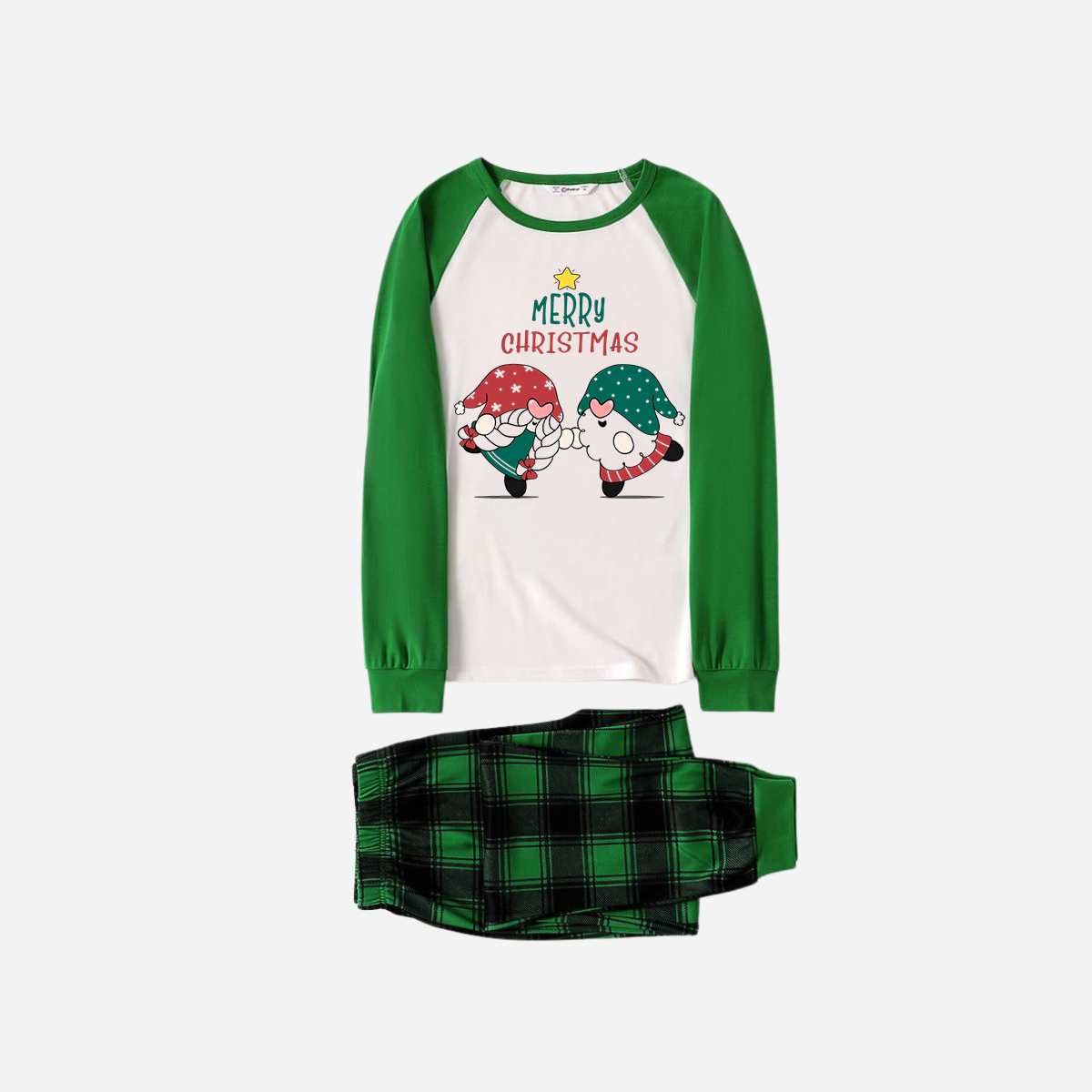 Green Raglan Top Green Plaid Christmas Pajamas Set With Gnome and Merry Christmas Text Print