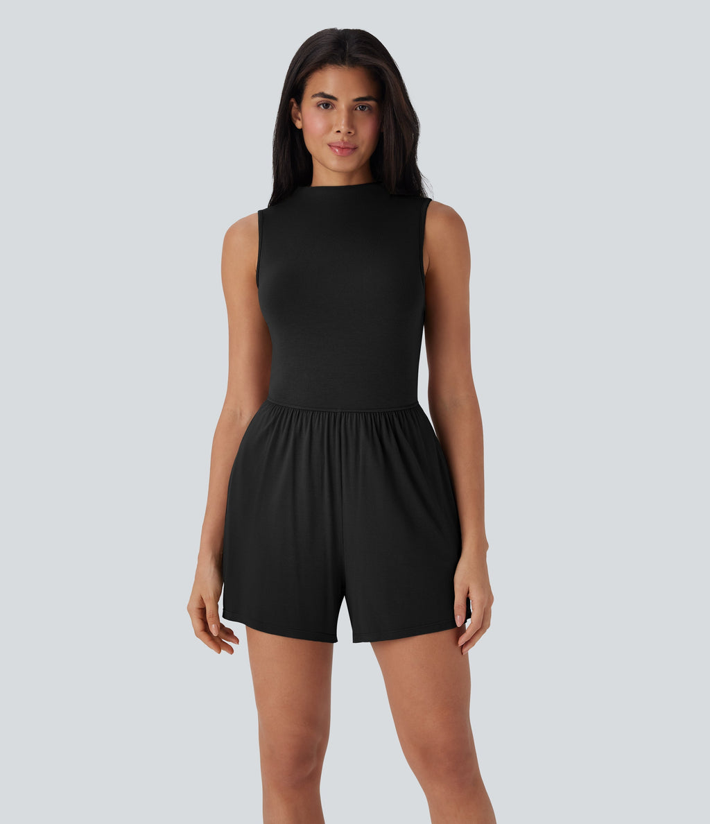 Mock-Neck Sleeveless Casual Jumpsuit with Pockets-Easy Peezy