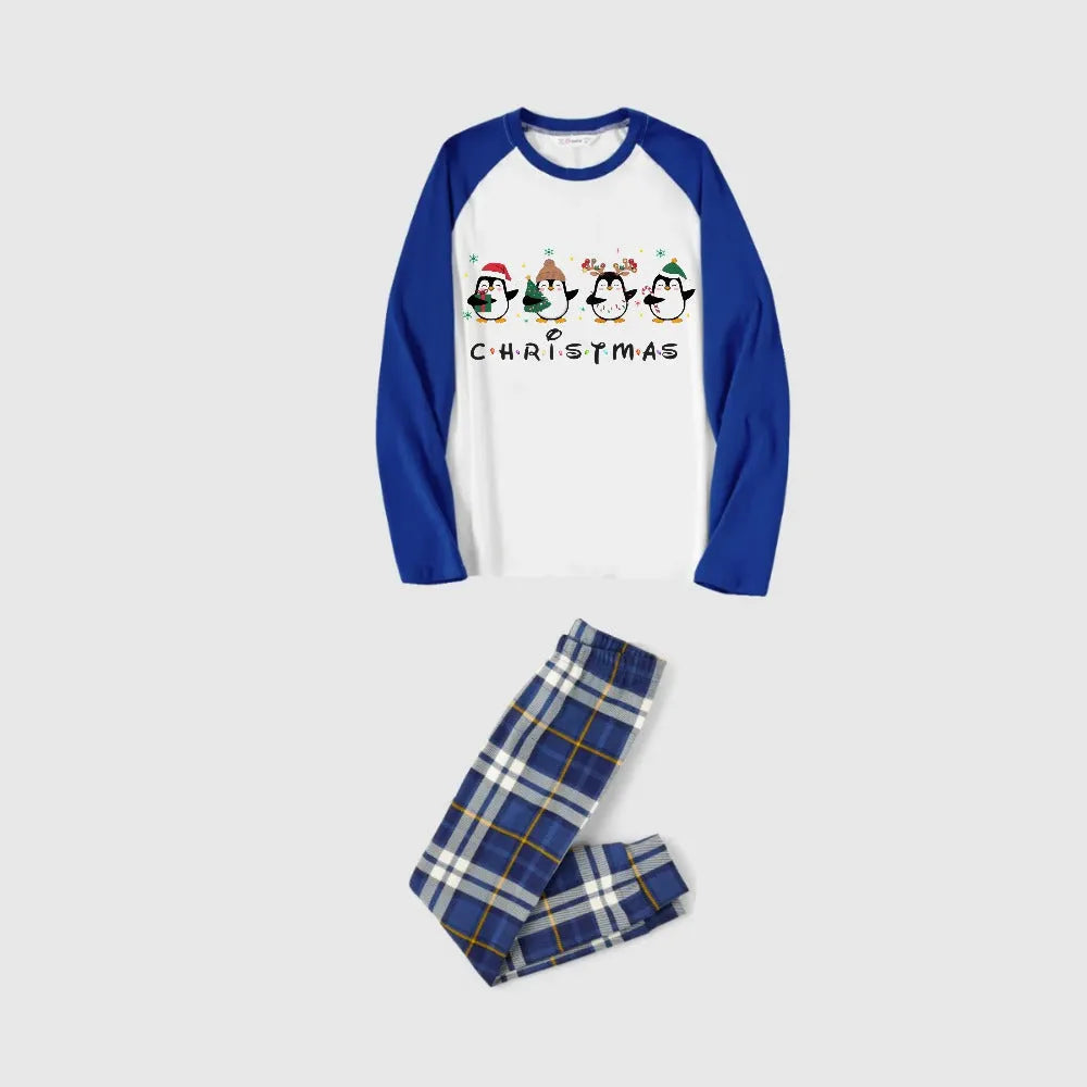 Christmas Family Matching Pajamas-Blue Raglan Top Blue Plaid Pants Pjs Set with Penguin and "Christmas" Letter Print