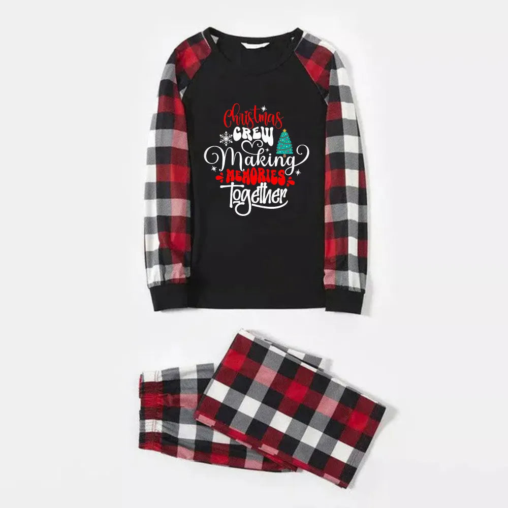 Christmas Family Matching Pajamas-Red and Gray Plaid Pjs set with "Christmas Crew Making Memories Together" Artistic Font Slogan Print